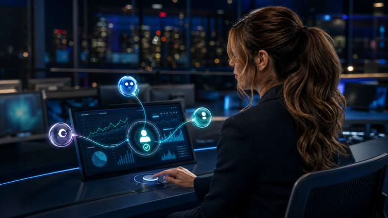 Original editorial artwork of Jennifer Hudsen reviewing an abstract AI-assisted investment dashboard with a human approval control in a late-night newsroom.