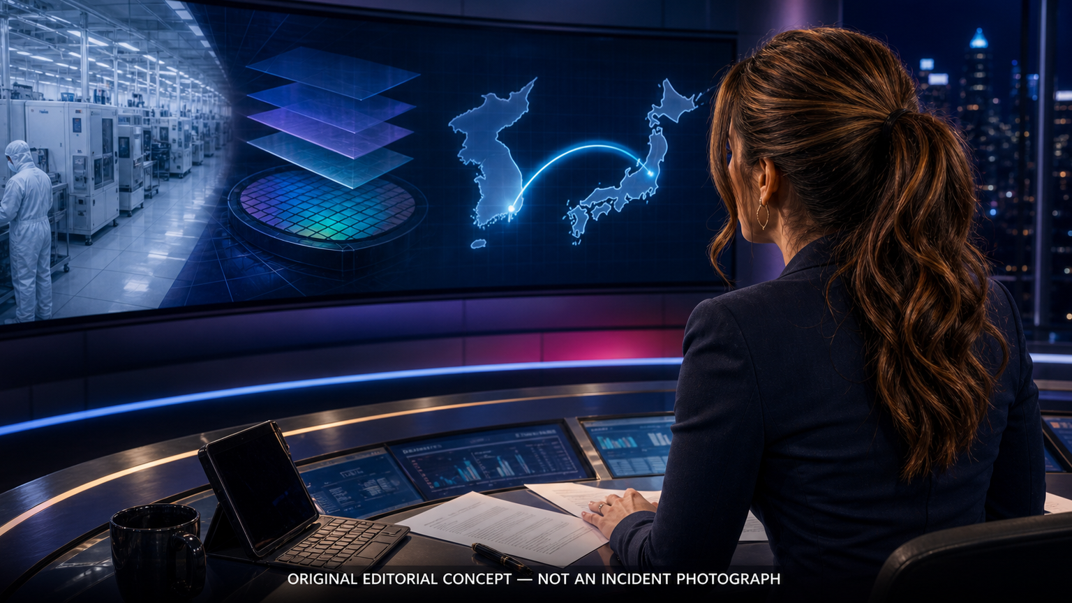 Original editorial newsroom concept: Jennifer Hudsen reviews a fictional memory-chip fab and an abstract route from South Korea to Japan; not an incident photograph or official SK Hynix artwork.