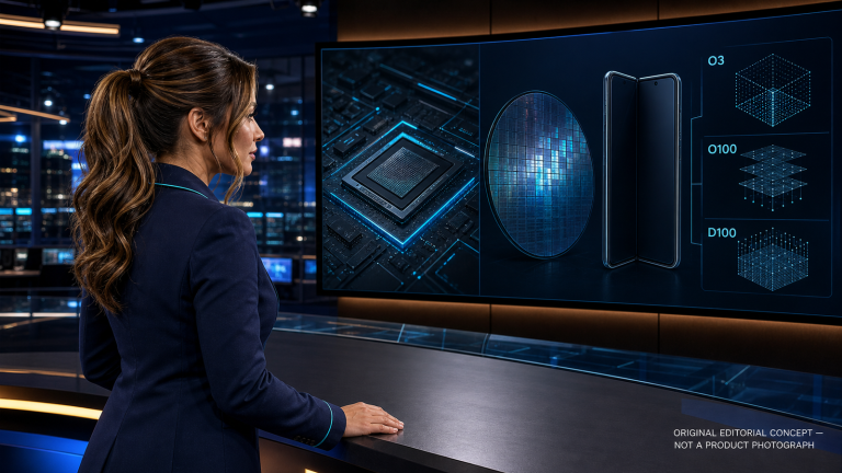 Original editorial concept of Jennifer Hudsen examining an unbranded phone chip, semiconductor wafer, foldable-device silhouette and conceptual O3, O100 and D100 processing lanes in a late-night newsroom.