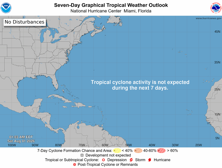 NOAA National Hurricane Center 7-day Atlantic tropical weather outlook graphic for August 1, 2026 showing no disturbances
