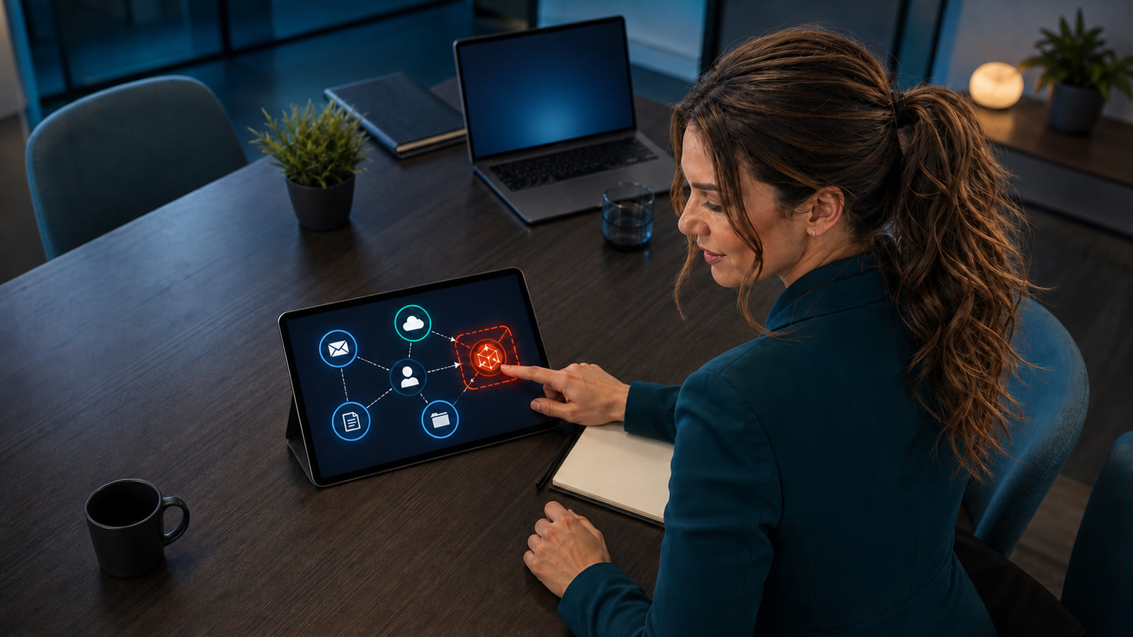 Jennifer Hudsen isolates an unauthorized connected-app node on a tablet while reviewing a small-business cloud access map