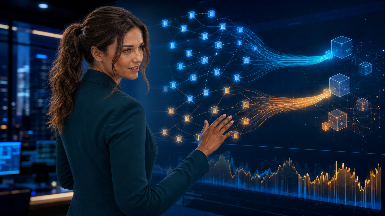 Jennifer Hudsen, a brunette IT editor in a dark teal blazer, studies two diverging blue and amber decentralized mining-network paths in a late-night newsroom.