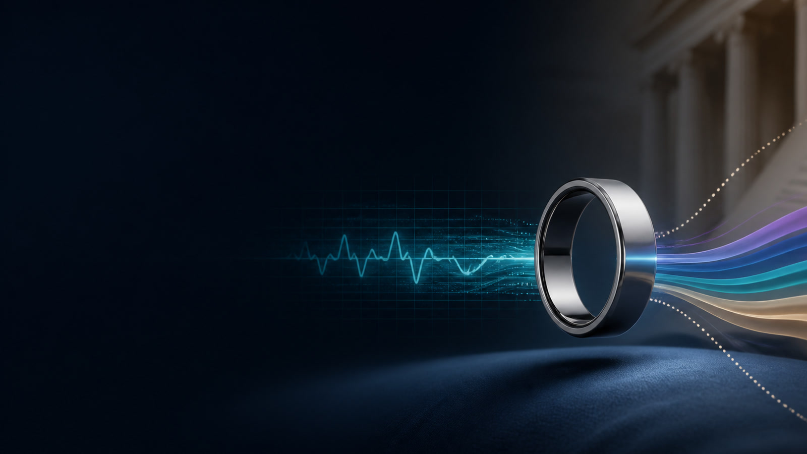 Editorial illustration of an unbranded smart ring between a clinical waveform and consumer sleep-stage bands, representing disputed sleep-tracking accuracy claims in a proposed lawsuit.