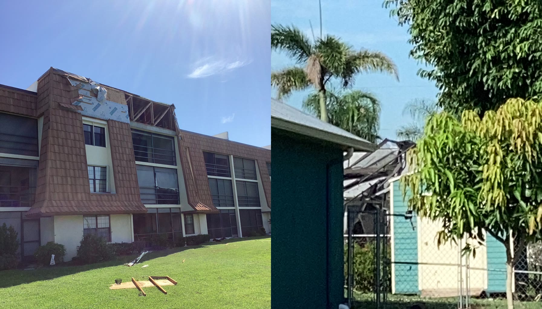 Side-by-side views of exterior building damage and a collapsed screen enclosure after the August 23 EF-0 tornado in Port St. Lucie.