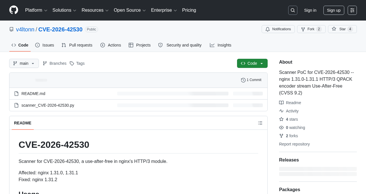 Public GitHub repository page for the CVE-2026-42530 NGINX HTTP/3 scanner PoC, showing the affected and fixed version summary