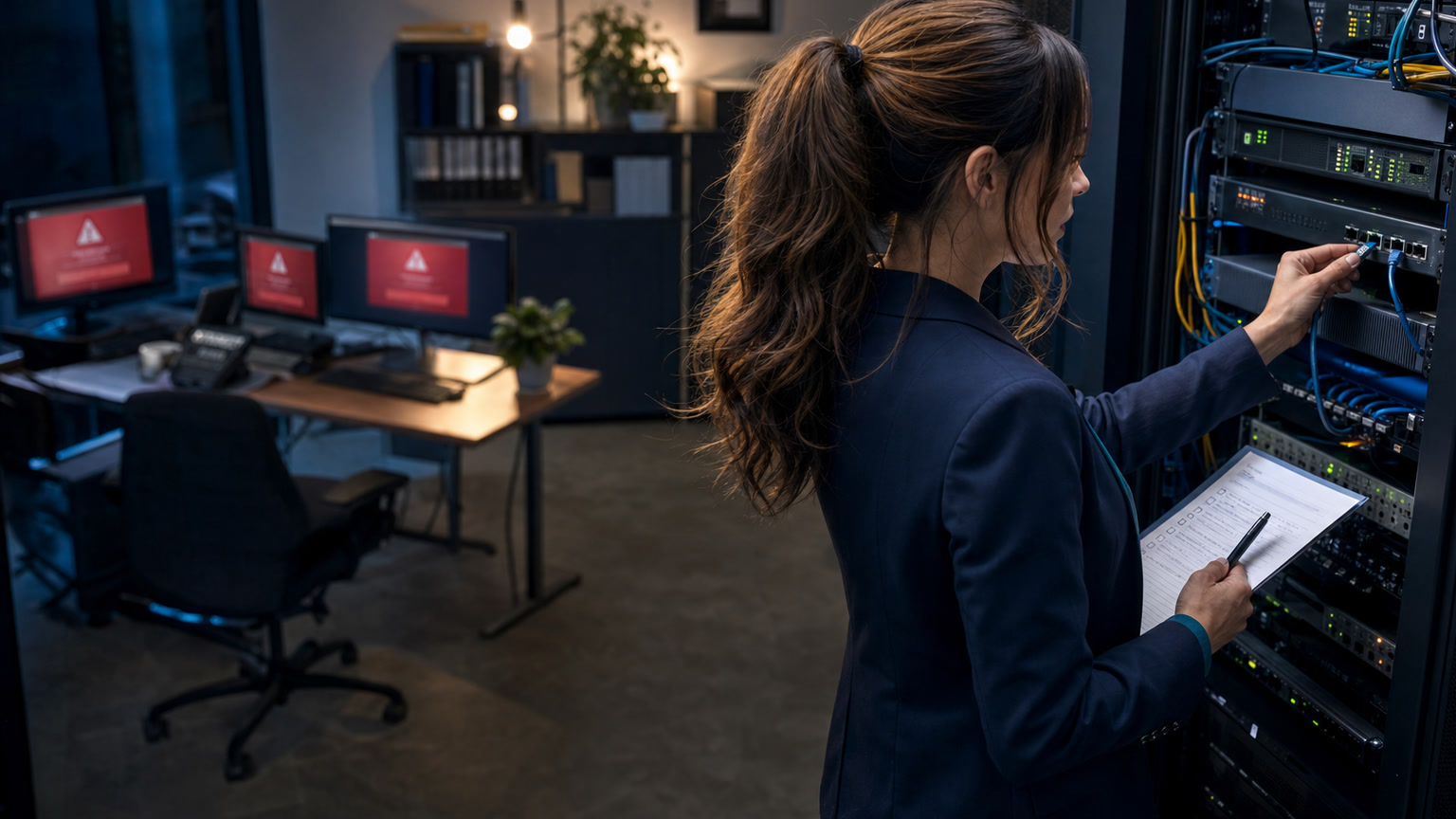 Jennifer Hudsen disconnects an Ethernet cable to isolate a small-business network during a ransomware response