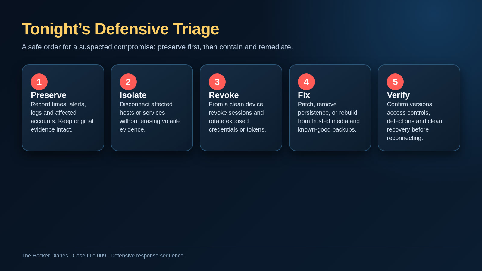 Five-step defensive response sequence: preserve evidence, isolate affected systems, revoke sessions and rotate exposed credentials from a clean device, patch or rebuild, then verify before reconnecting.