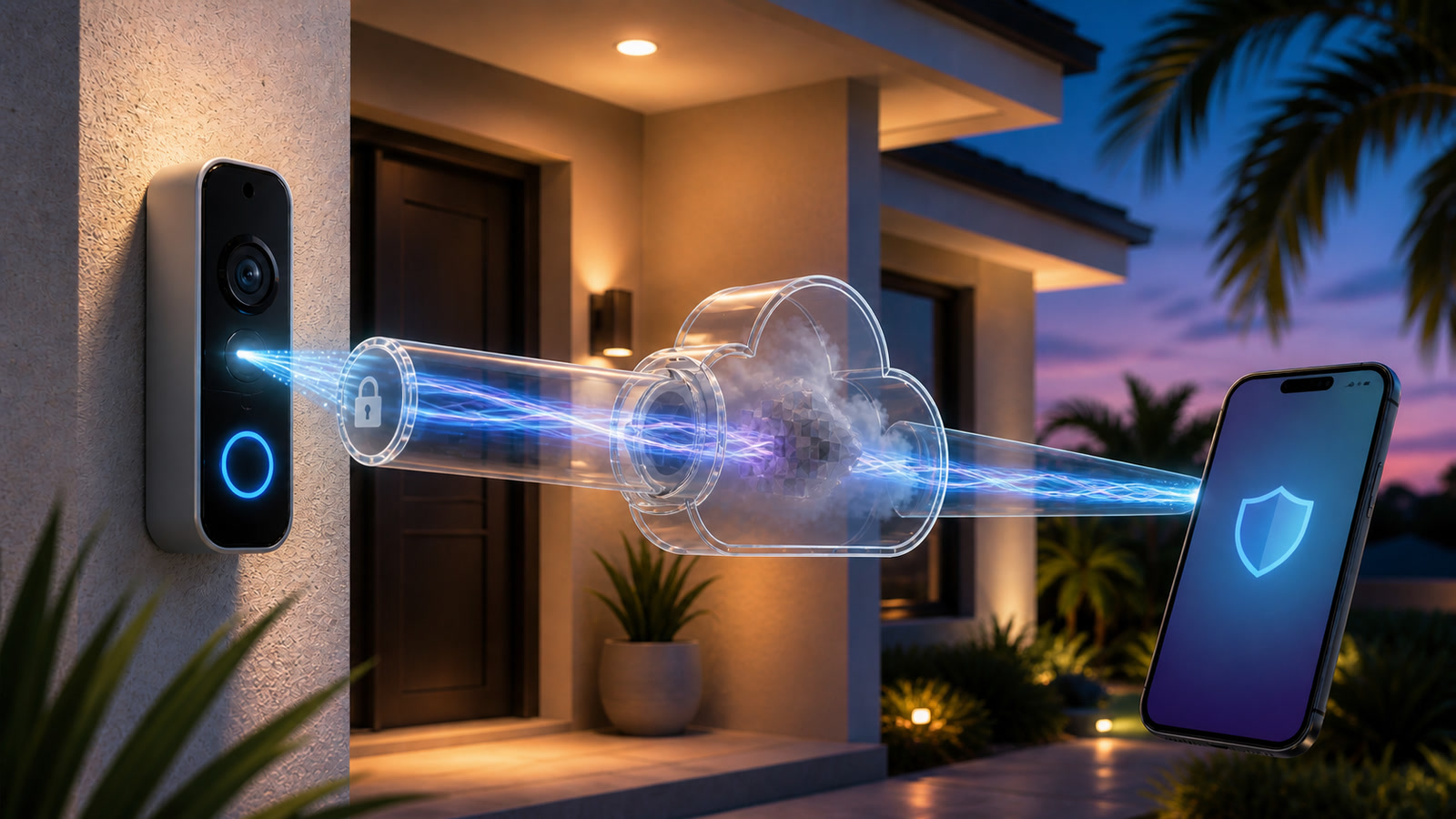 Editorial illustration of an unbranded doorbell camera sending a braided blue light stream through a locked transparent cloud tunnel to a shielded phone.