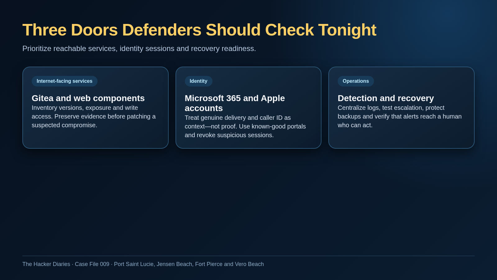 Three-door defensive risk map: inventory internet-facing Gitea and web components; verify Microsoft 365 and Apple account requests; centralize detection, escalation, backups, and human response.