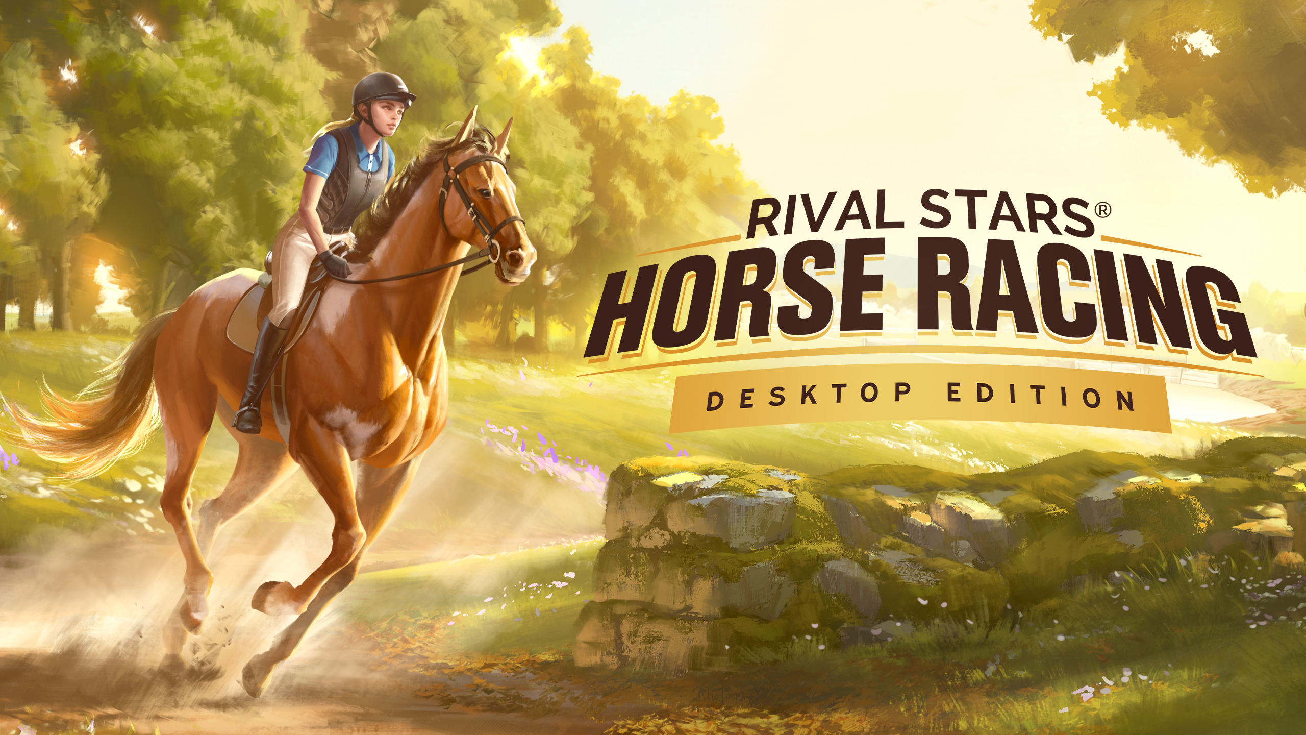 Official Rival Stars Horse Racing artwork showing horses and jockeys racing beside a stable.