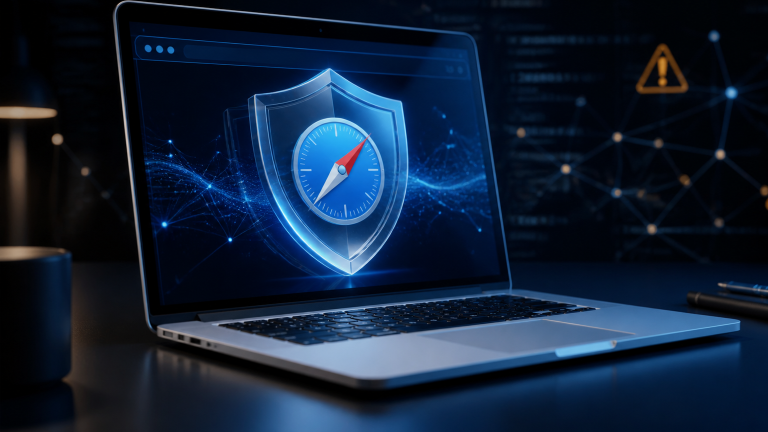 Concept illustration of a laptop displaying a blue compass protected by a shield, representing the Safari 26.6.1 security update for macOS Sonoma and Sequoia.