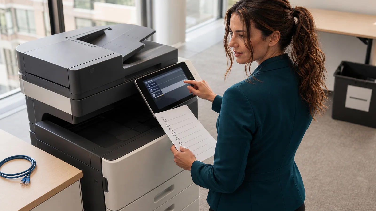 Jennifer Hudsen uses an office multifunction printer's erase menu while holding a retirement checklist; a disconnected Ethernet cable rests nearby.