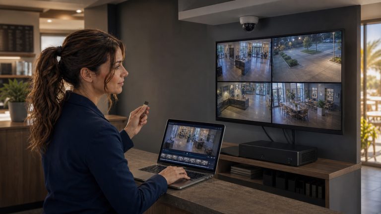 Jennifer Hudsen reviews recorded security-camera footage on a laptop and prepares to export a test clip in a small-business office.