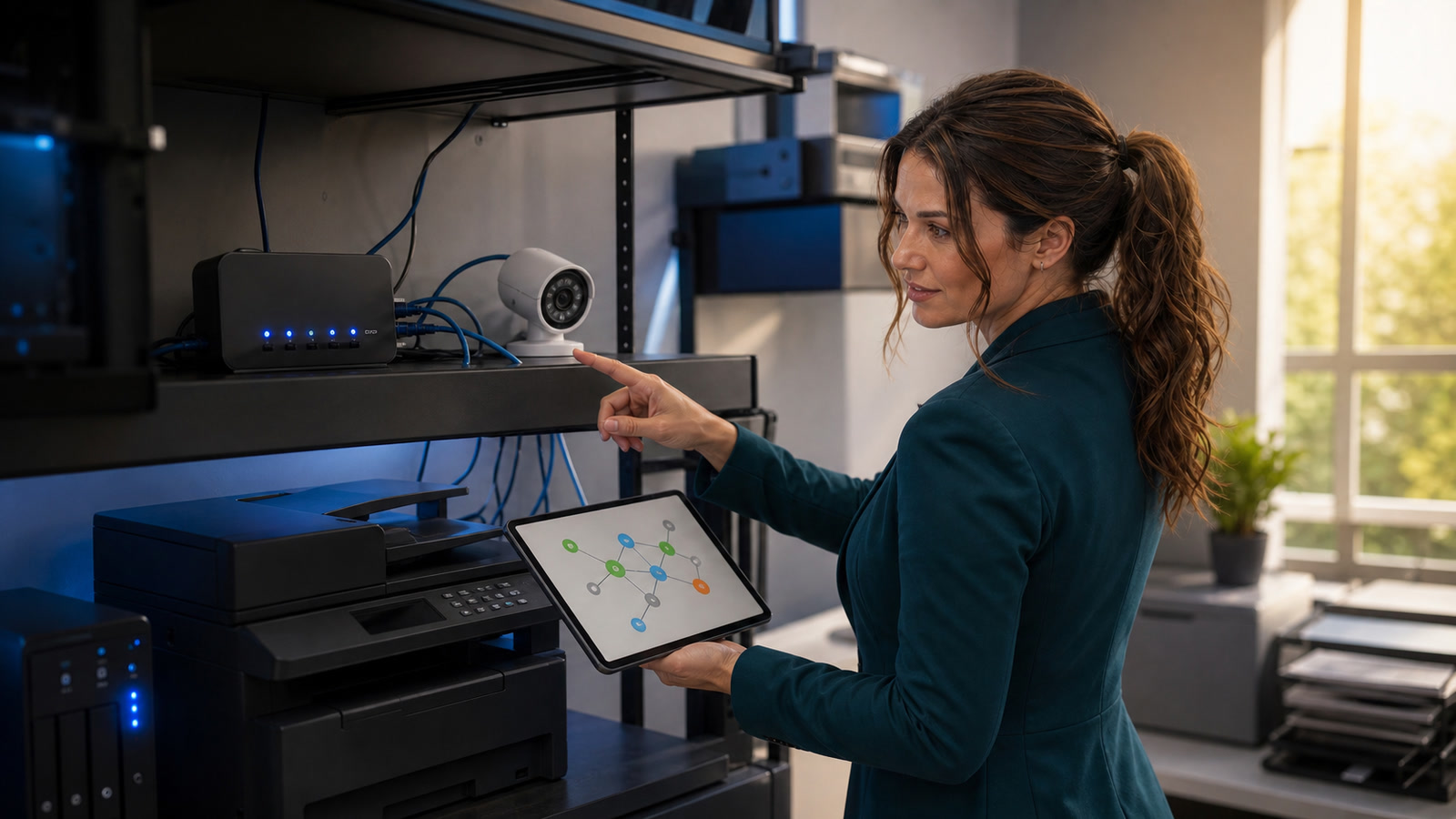 Jennifer Hudsen points to a router and security camera beside a network printer while reviewing a device-connection map on a tablet