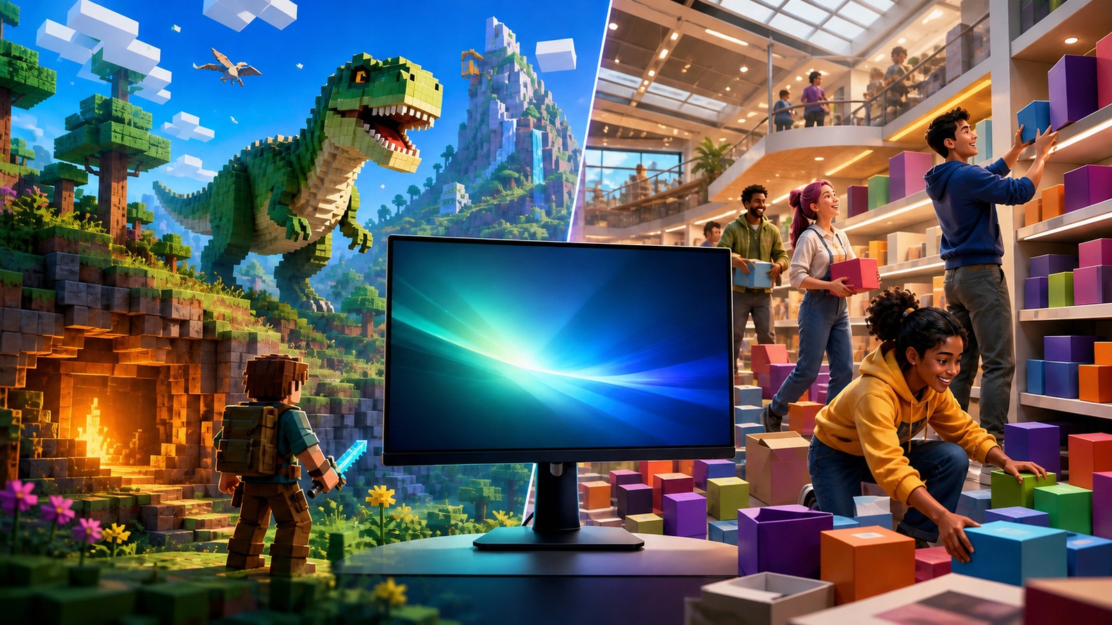Original editorial illustration of a voxel dinosaur adventure and friends organizing colorful boxes in a shopping mall beside a gaming monitor