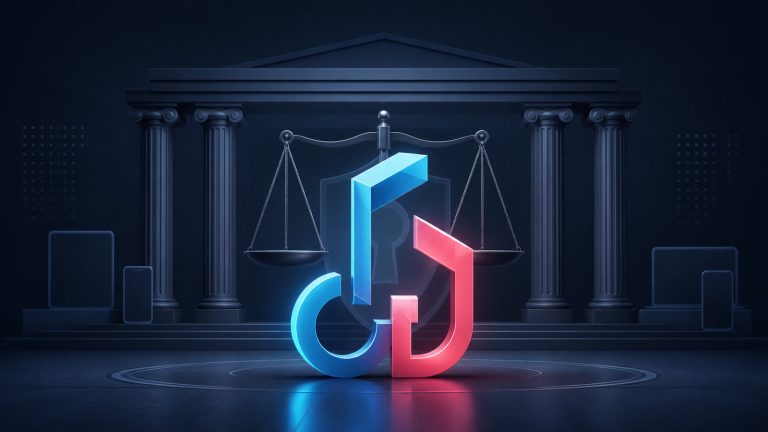 An abstract cyan-and-pink short-video note stands before courthouse columns and balanced justice scales, illustrating the TikTok children’s-privacy settlement.