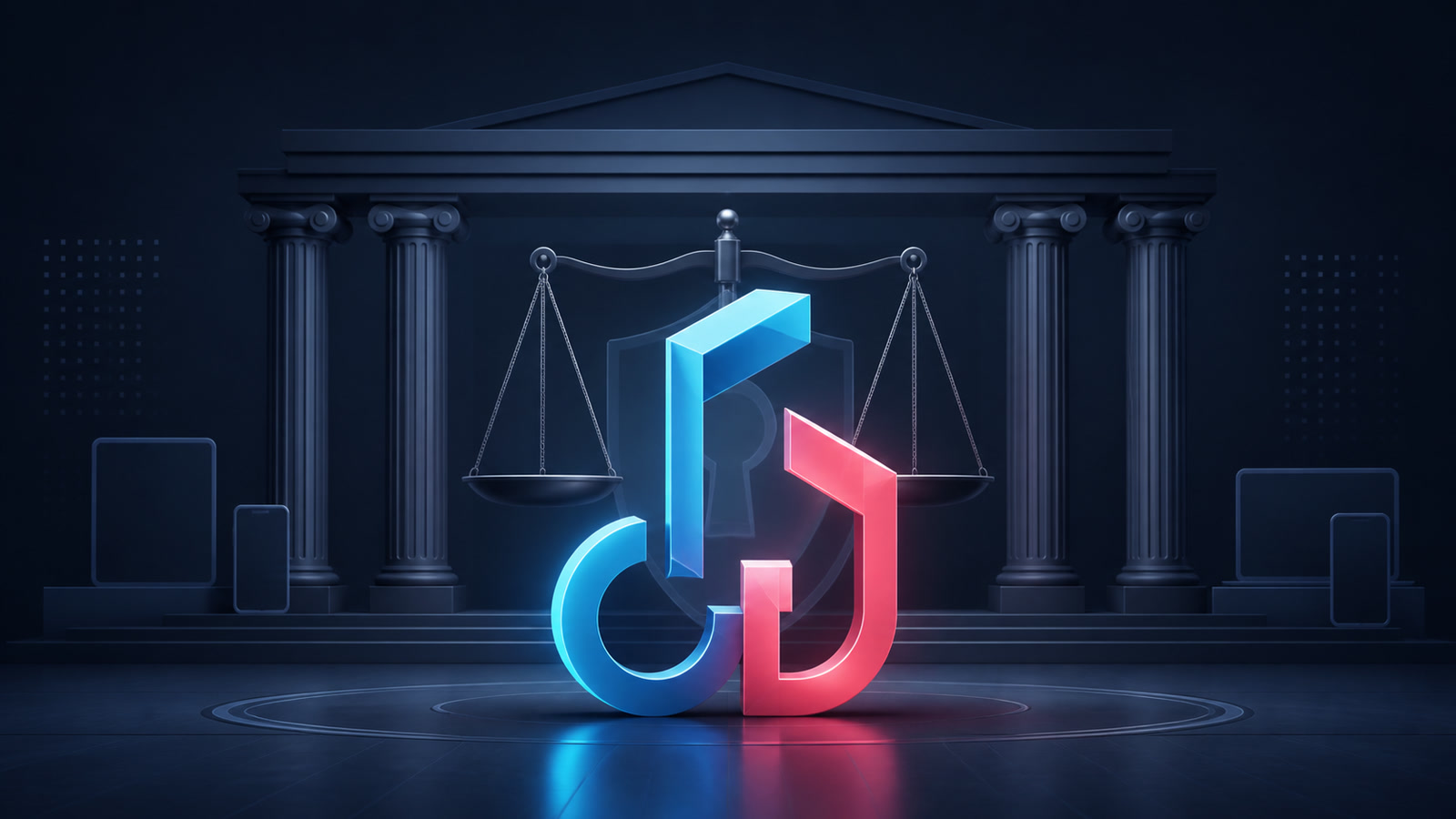 An abstract cyan-and-pink short-video note stands before courthouse columns and balanced justice scales, illustrating the TikTok children’s-privacy settlement.