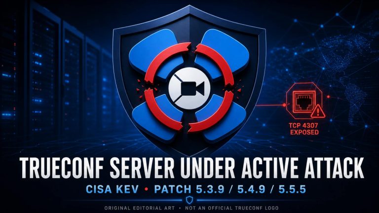 Original editorial security artwork showing an abstract conferencing emblem protected by a shield with a broken red isolation ring, a TCP 4307 exposed warning, CISA KEV status, and the fixed TrueConf Server versions 5.3.9, 5.4.9, and 5.5.5; not an official TrueConf logo.