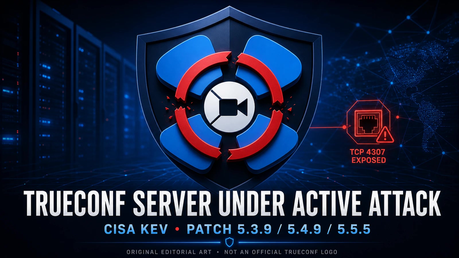 Original editorial security artwork showing an abstract conferencing emblem protected by a shield with a broken red isolation ring, a TCP 4307 exposed warning, CISA KEV status, and the fixed TrueConf Server versions 5.3.9, 5.4.9, and 5.5.5; not an official TrueConf logo.
