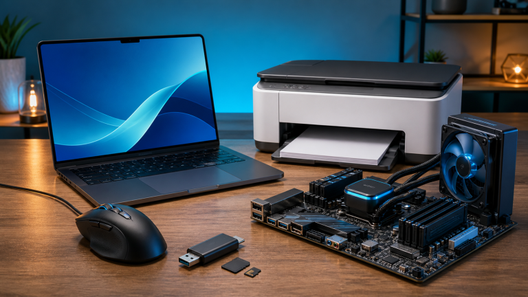 A wide illustrated technology workbench with a laptop, office printer, wired mouse, desktop PC motherboard and cooler, and USB memory card reader
