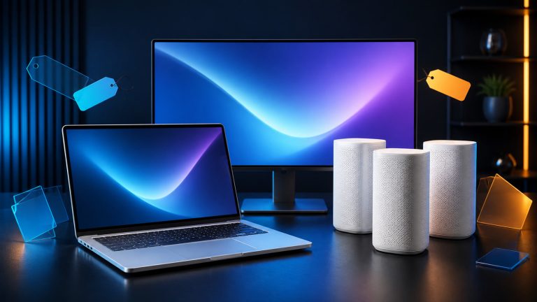 Original editorial illustration of a business laptop, desktop monitor, and three white mesh Wi-Fi routers in a colorful dark-blue workspace.