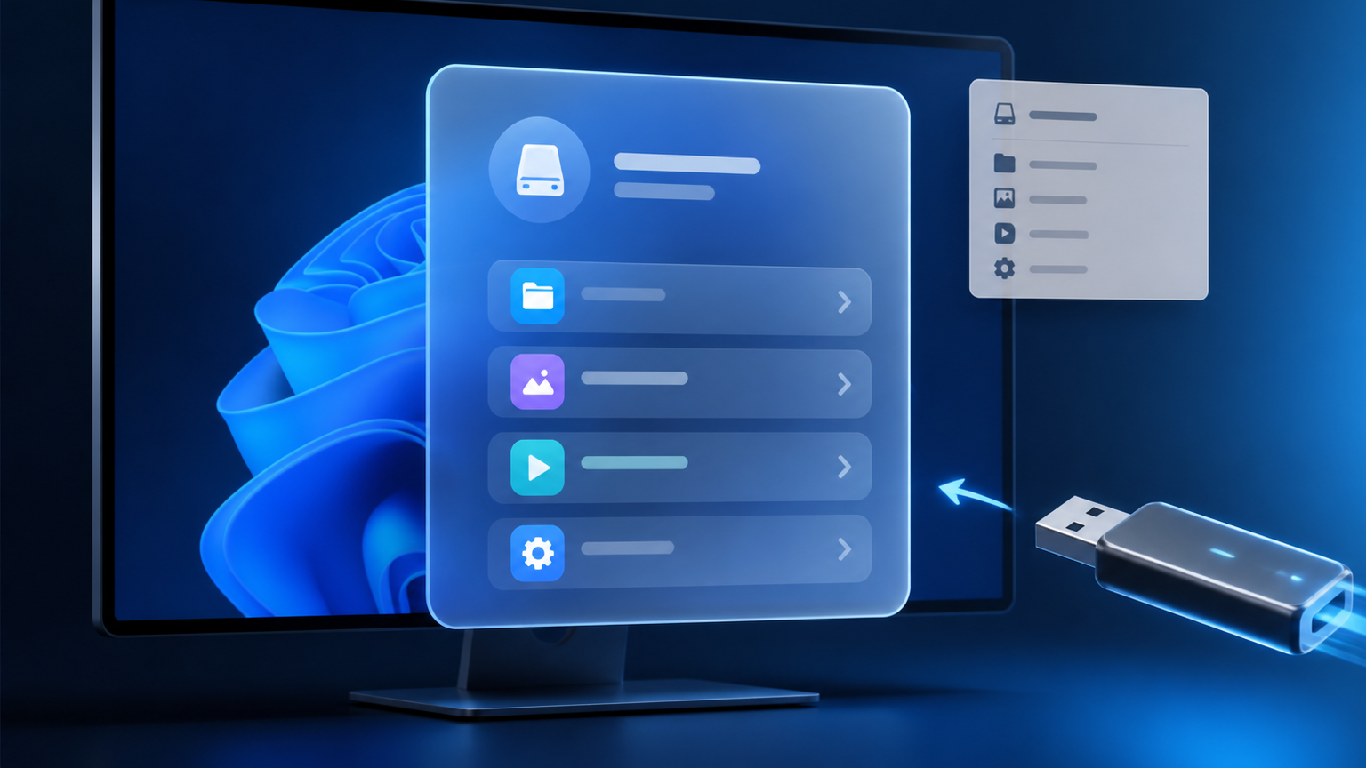 Original editorial illustration of a USB drive triggering a centered modern AutoPlay dialog beside a smaller legacy flyout