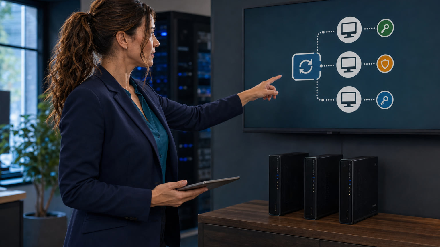 Jennifer Hudsen points to a device-management display showing unique rotating keys for three small-business PCs