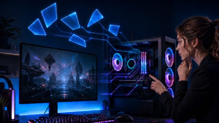 A generic frozen game scene connects through abstract circuit paths to an RGB-lit gaming computer while an IT technician investigates, illustrating Microsoft’s ongoing Windows 11 compatibility investigation.