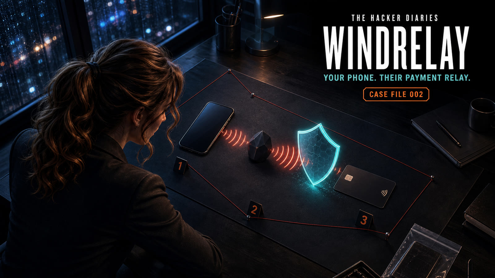 High-angle original illustration of Jennifer Hudsen reviewing an Android phone, a generic contactless card, a hostile NFC relay node, and a defensive shield for WindRelay Case File 002