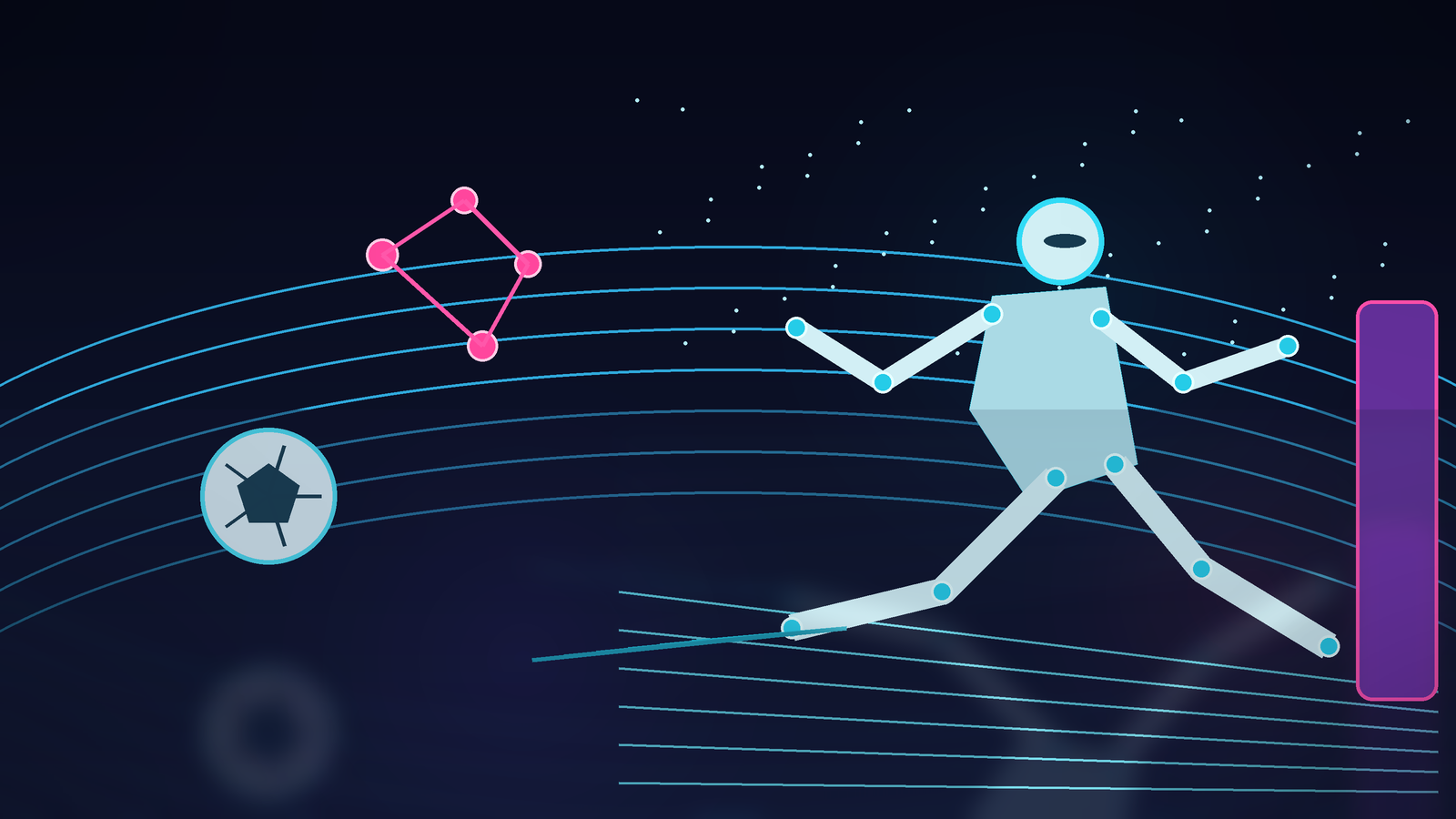 Stylized humanoid robot sprinting on a dark track beside abstract soccer and dexterity symbols.