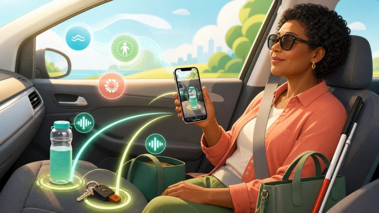 A blind passenger uses a smartphone in a car while motion cues and spoken guidance highlight a water bottle and keys.