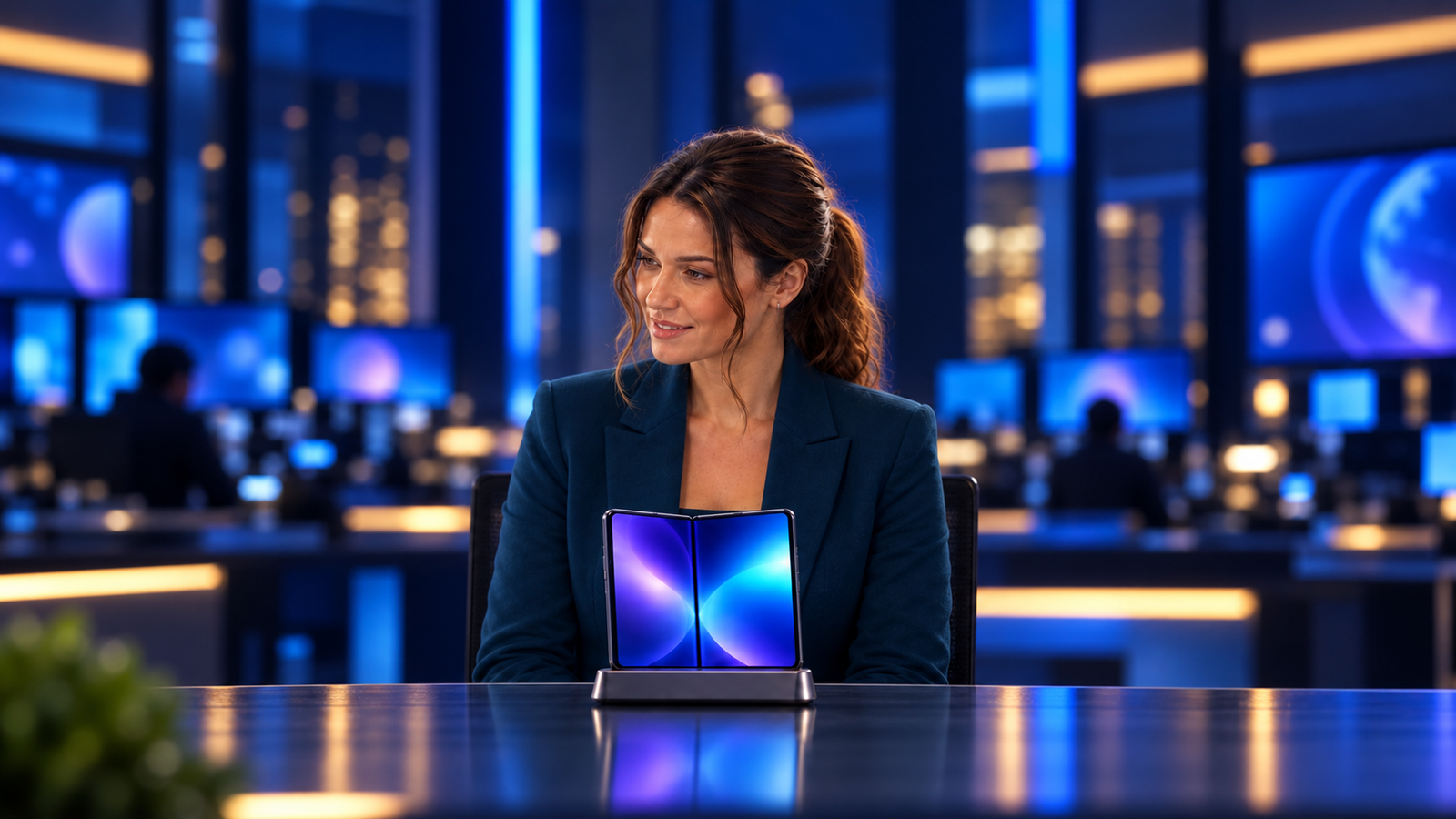 Jennifer Hudsen in a late-night newsroom beside a generic open foldable phone with abstract blue and purple screens; original concept art, not an Apple product photograph.