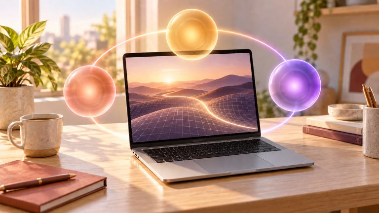 A generic silver laptop in a warm workspace is surrounded by three plain coral, amber, and violet update orbs representing Apple’s September 28 Mac releases.