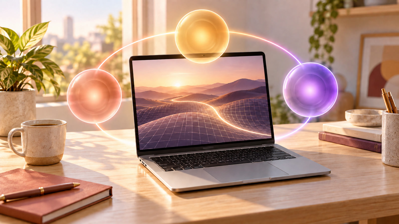 A generic silver laptop in a warm workspace is surrounded by three plain coral, amber, and violet update orbs representing Apple’s September 28 Mac releases.