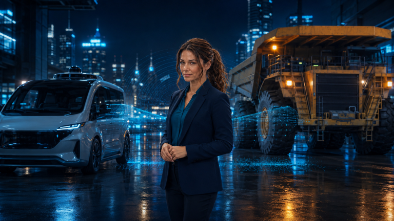 Jennifer Hudsen between an original unbranded autonomous taxi and mining truck visualization. Concept art, not Atoms, Pronto, Uber or official vehicle imagery.