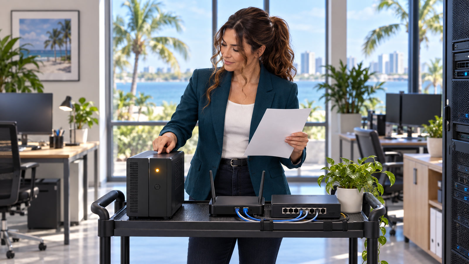 Jennifer Hudsen, with long chestnut-brown hair in a voluminous mid-high ponytail and loose curled tendrils, stands upright behind a rolling technical cart while checking a generic UPS with an amber status light beside a router and network switch.