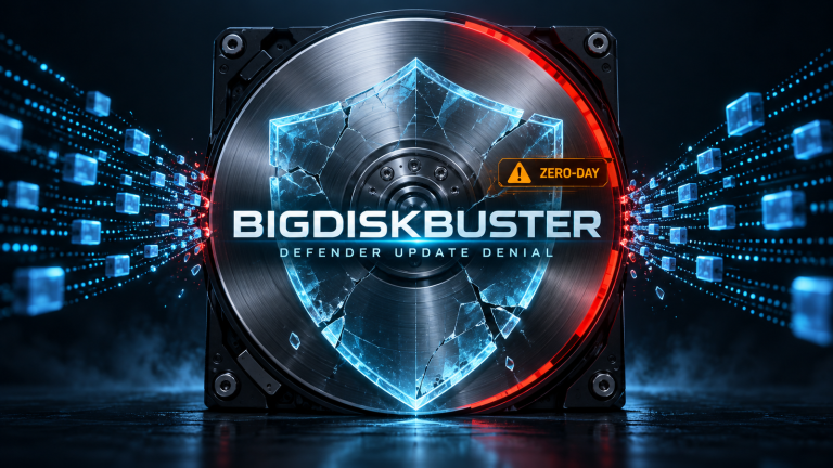 Original BigDiskBuster cybersecurity logo showing update packets stopped by a nearly full hard drive and fractured defensive shield