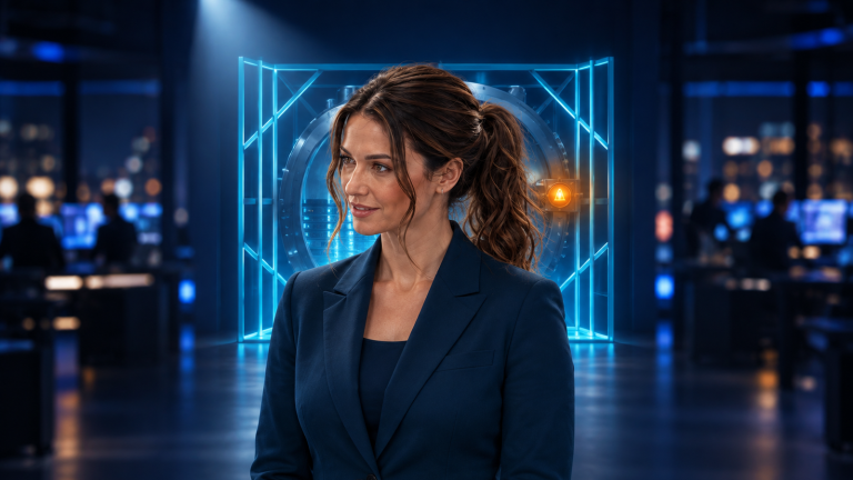 Jennifer Hudsen in a late-night newsroom before an abstract illuminated access-control gate and data vault; original editorial concept art, not a real interface or incident photo.