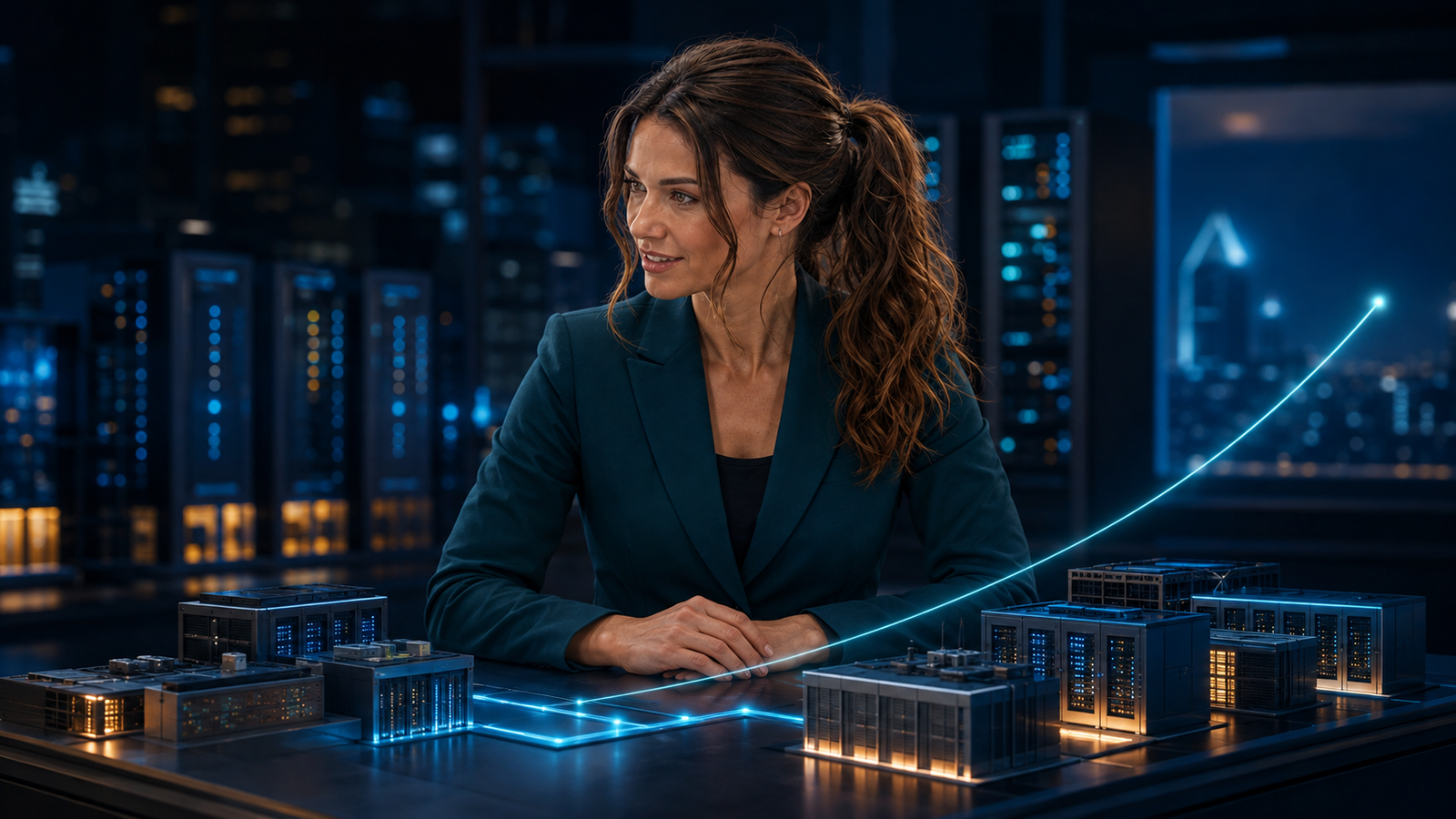 ORIGINAL JENNIFER NEWSROOM EDITORIAL ART illustrating source-reported AI-infrastructure financing with generic data-center miniatures; not a Crusoe facility, investor meeting, financial chart, company interface, or announcement.