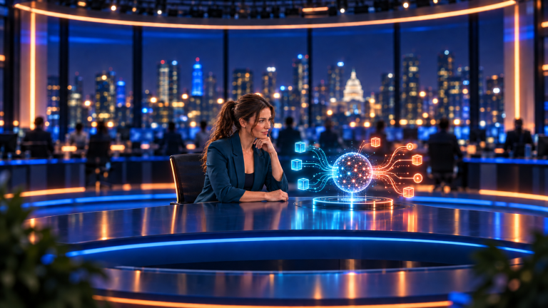 Jennifer Hudsen studies an abstract cyan-and-coral AI network sculpture in a late-night newsroom; original synthetic editorial art, not a DeepSeek interface or benchmark.