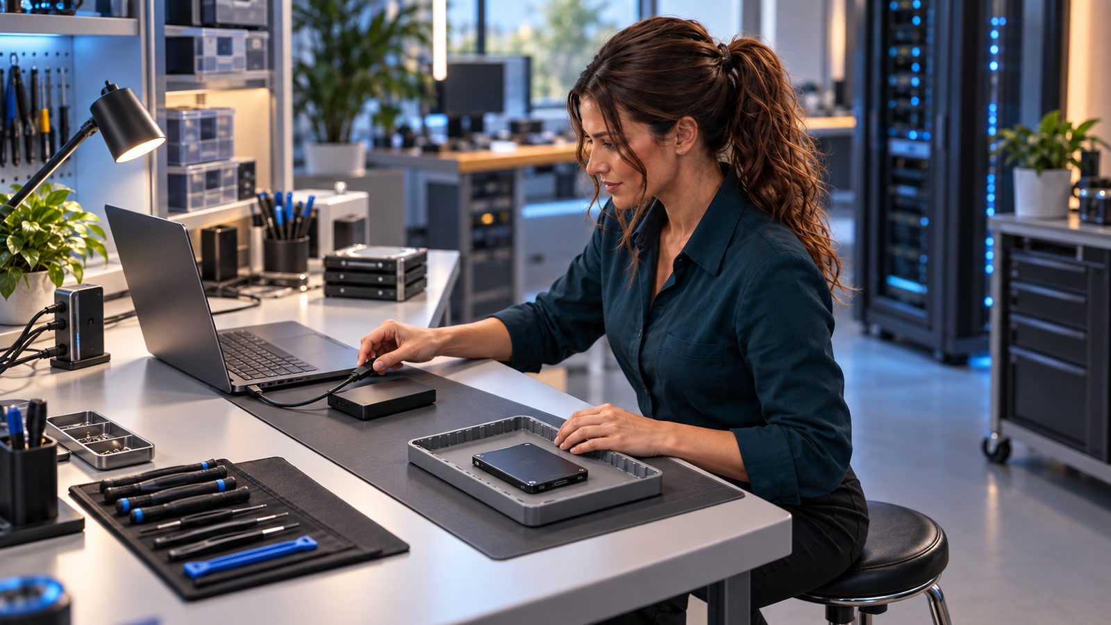 Jennifer Hudsen, with long chestnut-brown hair in a voluminous mid-high ponytail and loose curled tendrils, sits at an IT workbench connecting a separate backup drive while a suspect SSD rests untouched in a tray.