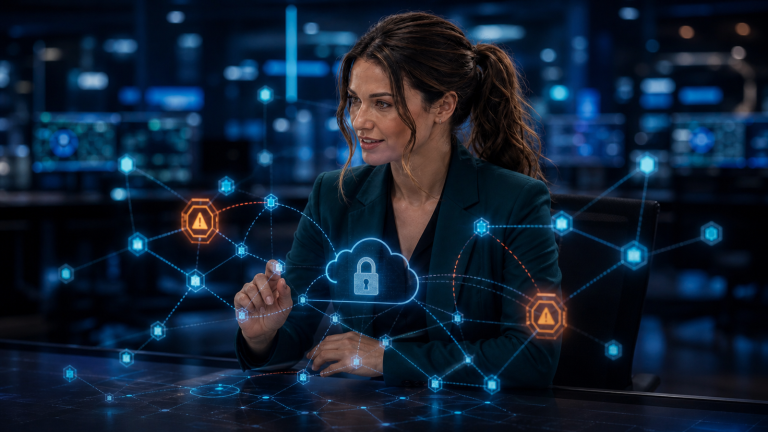 Original Jennifer newsroom illustration showing Jennifer Hudsen beside an abstract cloud, lock and broken identity-trust network; no vendor interface or customer data is depicted.