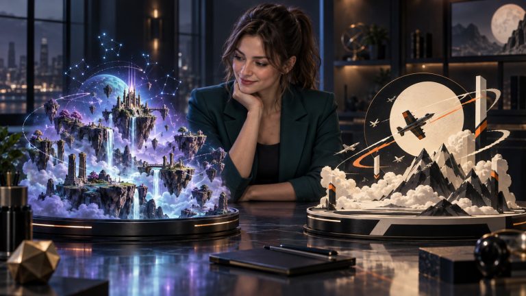 Jennifer Hudsen reviews two original game-inspired dioramas: a luminous celestial fantasy ascent and an abstract retro aerial battle.