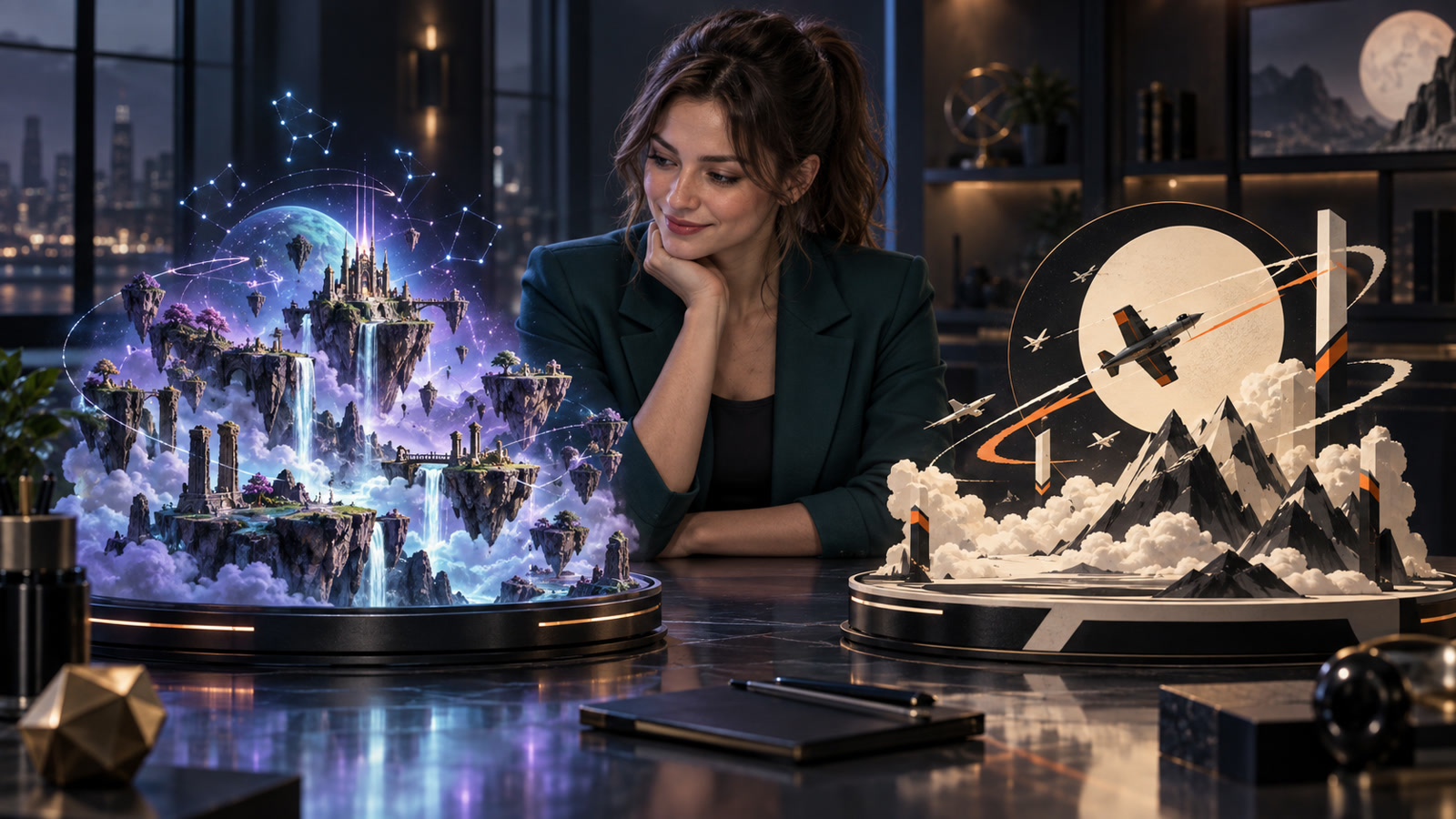 Jennifer Hudsen reviews two original game-inspired dioramas: a luminous celestial fantasy ascent and an abstract retro aerial battle.