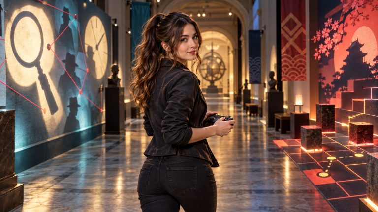 A brunette woman holds a controller in a gallery corridor between abstract detective clues and turn-based strategy tiles.
