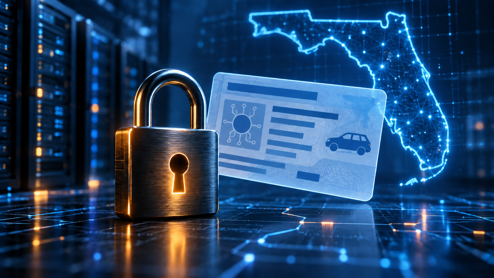 Original editorial illustration of a closed padlock beside an abstract driver-record card and a glowing outline of Florida in a secure data-center setting.