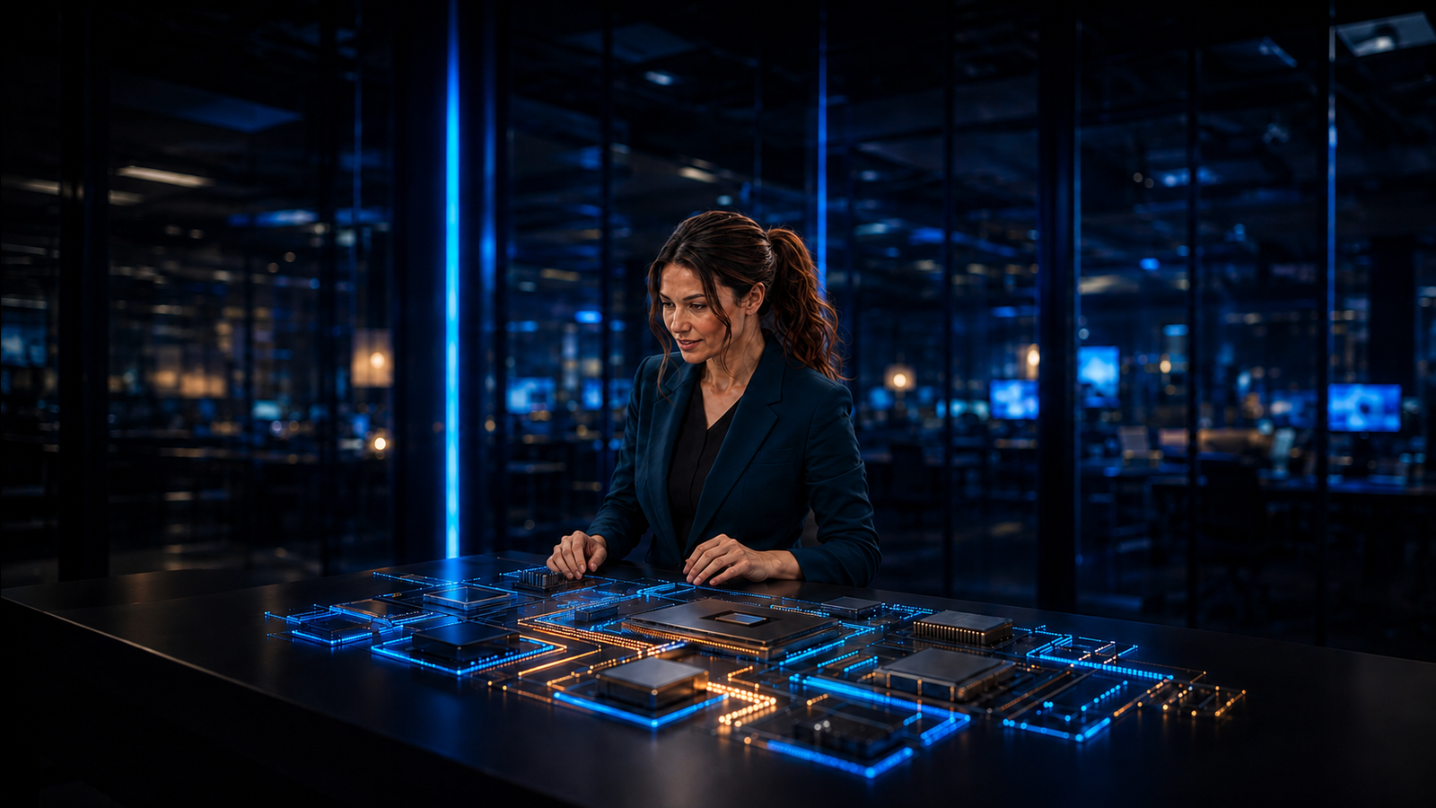 Original Jennifer newsroom editorial art showing Jennifer examining a fictional heterogeneous chip-routing board; not a Gimlet facility, product interface, benchmark, investor meeting, or company announcement.
