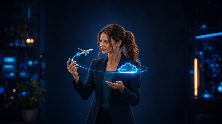 Jennifer Hudsen presents a generic airplane, curved flight path and glowing cloud in a late-night newsroom. Original synthetic editorial concept art about AI-assisted contrail avoidance; not Google or Cathay Pacific media, a real route map, cockpit display or official interface.