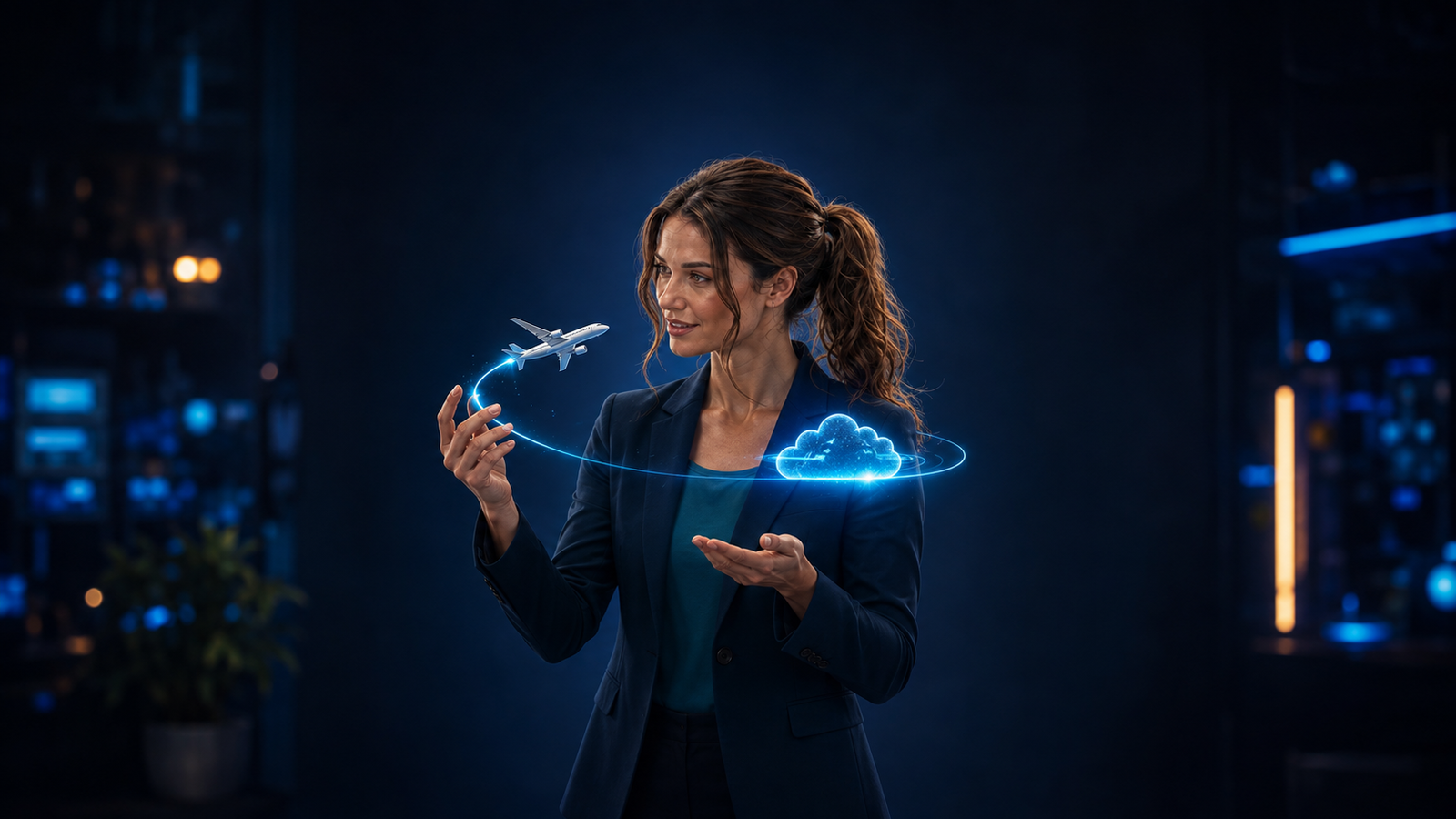 Jennifer Hudsen presents a generic airplane, curved flight path and glowing cloud in a late-night newsroom. Original synthetic editorial concept art about AI-assisted contrail avoidance; not Google or Cathay Pacific media, a real route map, cockpit display or official interface.