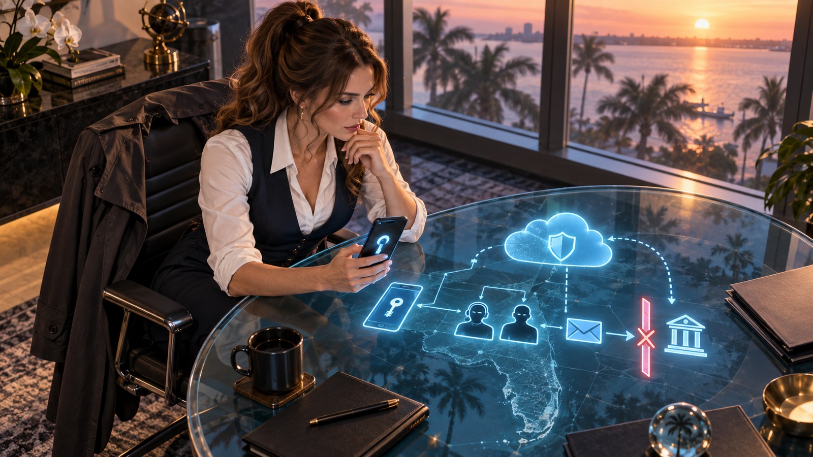 Adult AI writer and researcher Jennifer Hudsen studies symbolic identity, cloud, email, and payment evidence at a glass table in a coastal Florida office.